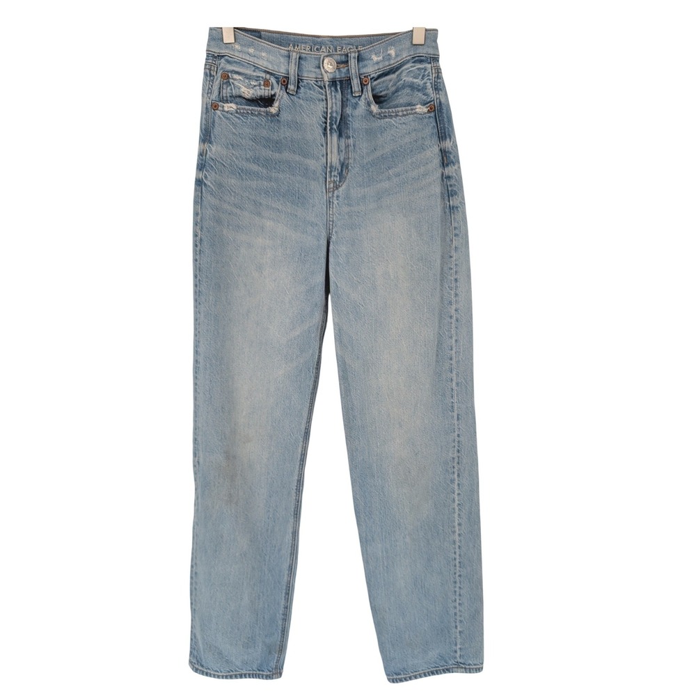 American Eagle Mom Jeans Womens 2 Light Blue High Rise Distressed Relaxed 90s